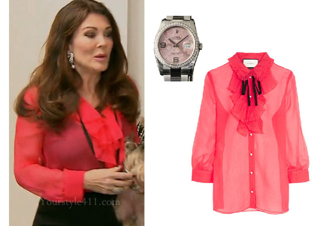 Vanderpump Rules, Lisa Vanderpump style, Lisa Vanderpump, Lisa Vanderpump fashion, #VPR, bravotv.com, pink blouse, pink ruffle blouse, red blouse, rolex watch, pink watch, red ruffle blouse, Gucci ruffle blouse, #Vanderpumprules, Lisa Vanderpump outfit, steal her style, shop your tv, the take, worn on tv, tv fashion, clothes from tv shows, Vanderpump Rules outfits, bravo, Season 5, reality tv clothes