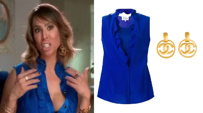 Real Housewives of Orange County, RHOC, Kelly Dodd, Kelly Dodd style, Kelly Dodd fashion, #kellydodd, blue ruffle sleeveless top, gold chanel earrings, blue sleeveless shirt, steal her style, #RHOC, Kelly Dodd outfit, shop your tv, the take, bravotv.com, #RealHousewivesOrangeCounty, worn on tv, tv fashion, clothes from tv shows, Real Housewives of Orange County outfits, bravo, Season 11, reality tv clothes
