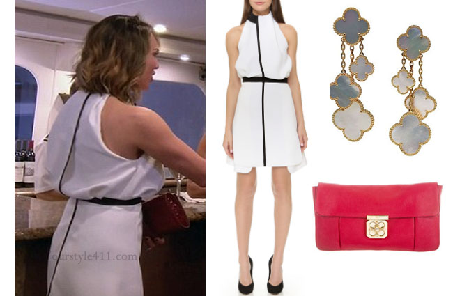Real Housewives of Orange County, RHOC, Kelly Dodd, Kelly Dodd style, Kelly Dodd fashion, #kellydodd, white dress black trim victoria beckham dress, van cleef and arpels earrings, chloe red clutch, steal her style, #RHOC, Kelly Dodd outfit, shop your tv, the take, bravotv.com, #RealHousewivesOrangeCounty, worn on tv, tv fashion, clothes from tv shows, Real Housewives of Orange County outfits, bravo, Season 11, reality tv clothes