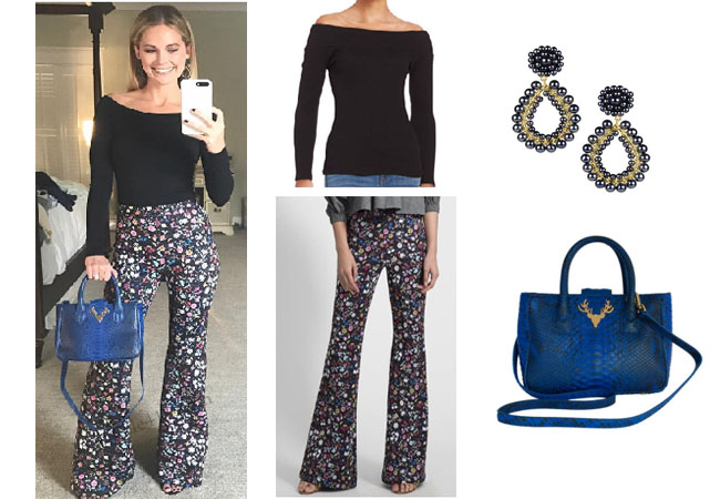 Southern Charm, Southern Charm style, Cameran Eubanks, Cameran Eubanks, Cameran Eubanks fashion, Cameran Eubanks wardrobe, #cameraneubanks, #SC, #southerncharm, floral pants, blue bag, blue purse, black boat neck top, cynthia rowley, Cameran Eubanks outfit, steal her style, shop your tv, the take, worn on tv, tv fashion, clothes from tv shows, Southern Charm outfits, bravo, Season 4, social media, reality tv clothes