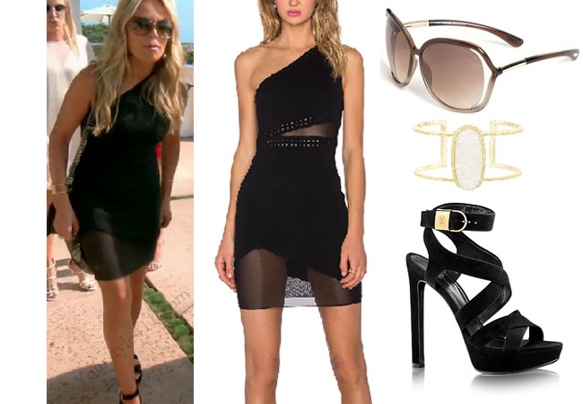 Real Housewives of Orange County, RHOC, Kelly Dodd, Kelly Dodd style, Kelly Dodd fashion, #kellydodd, black one sleeve dress, black strappy sandals, louis vuitton black strappy sandals, kendra scott cuff bracelet, tom ford raquel brown sunglasses, #RHOC, Kelly Dodd outfit, shop your tv, the take, bravotv.com, #RealHousewivesOrangeCounty, worn on tv, tv fashion, clothes from tv shows, Real Housewives of Orange County outfits, bravo, Season 11, reality tv clothes