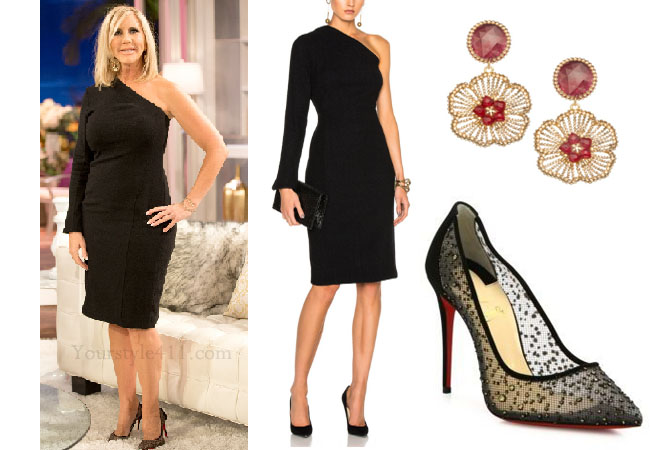 Real Housewives of Orange County, RHOC, Vickie Gunvalson, Vicki Gunvalson fashion, Vicki Gunvalson wardrobe, Vicki Gunvalson style, black one sleeve dress, christian louboutin lace heels, roni blanshay earrings, steal her style, #RHOC, #RealHousewivesOrangeCounty, Season 11, shop your tv, the take, bravotv.com, worn on tv, tv fashion, clothes from tv shows, Real Housewives of Orange County outfits, bravo, reality tv clothes
