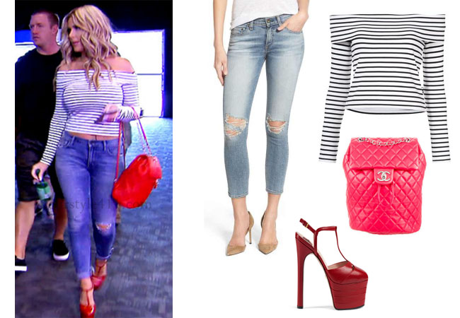 Kim Zolciak Biermann, Don't Be Tardy, Don't Be Tardy fashion, Don't Be Tardy style, Kim Zolciak wardrobe, Brielle Biermann clothes, #dontbetardy, #goals, Derek Lam striped top, striped off the shoulder top, distressed jeans, rag and bone denim, red backpack, Season 5, bravotv.com, shop your tv, the take, Brielle Biermann outfits, worn on tv, tv fashion, clothes from tv shows, Don’t Be Tardy outfits, bravo, reality tv clothes