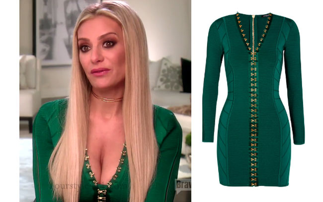 Real Housewives of Beverly Hills, RHBH, RHOBH, Dorit Kemsley, Dorit Kemsley fashion, Dorit Kemsley style, Dorit Kemsley wardrobe, #RHOBH, #RealHousewivesBeverlyHills, steal her style, the take, shop your tv, worn on tv, tv fashion, clothes from tv shows, Real Housewives of Beverly Hills outfits, bravo, reality tv clothes, Season 7, Interview green dress, Interview green top, leger green dress, balmain green dress