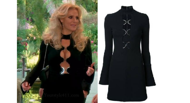 Real Housewives of Beverly Hills, RHBH, RHOBH, Dorit Kemsley, Dorit Kemsley fashion, Dorit Kemsley style, Dorit Kemsley wardrobe, #RHOBH, #RealHousewivesBeverlyHills, steal her style, the take, shop your tv, worn on tv, tv fashion, clothes from tv shows, Real Housewives of Beverly Hills outfits, bravo, reality tv clothes, Season 7, black metal dress, black cut-out dress, black dress at erika's party