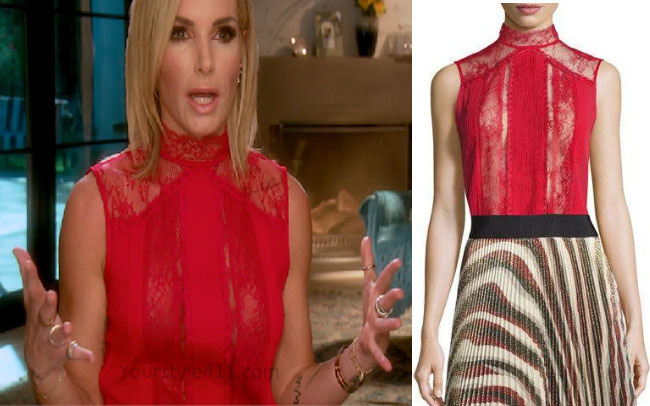 Real Housewives of Beverly Hills, Real Housewives of Beverly Hills Style, RHBH, RHOBH, Eden Sassoon fashion, Eden Sassoon, Eden Sasson, Eden Sassoon fashion, Eden Sassoon style, Eden Sassoon wardrobe, #RHOBH, #RealHousewivesBeverlyHills, steal her style, the take, shop your tv, worn on tv, tv fashion, clothes from tv shows, Real Housewives of Beverly Hills outfits, bravo, reality tv clothes, Season 7, Interview red top, red lace top, Alice and Olivia Jannette top, red sleeveless top
