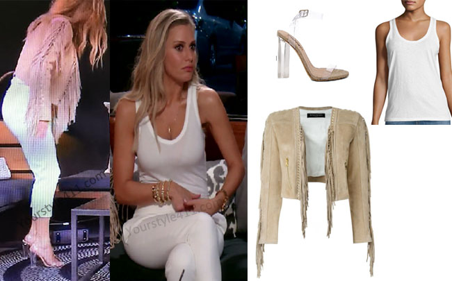 Real Housewives of Beverly Hills, RHBH, RHOBH, Dorit Kemsley, Dorit Kemsley fashion, Dorit Kemsley style, Dorit Kemsley wardrobe, #RHOBH, #RealHousewivesBeverlyHills, steal her style, the take, shop your tv, worn on tv, tv fashion, clothes from tv shows, Real Housewives of Beverly Hills outfits, bravo, reality tv clothes, Season 7, episode 4, white tanktop, beige fringe jacket, balmain fringe blazer, lucite heels, clear heels, clear sandals, tan fringe jacket