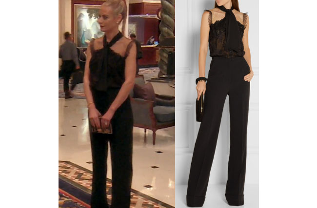Real Housewives of Beverly Hills, RHBH, RHOBH, Dorit Kemsley, Dorit Kemsley fashion, Dorit Kemsley style, Dorit Kemsley wardrobe, #RHOBH, #RealHousewivesBeverlyHills, steal her style, the take, shop your tv, worn on tv, tv fashion, clothes from tv shows, Real Housewives of Beverly Hills outfits, bravo, reality tv clothes, Season 7, Episode 17, black lace jumpsuit, hong kong, elie saab pussy bow lace jumpsuit