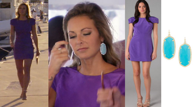Southern Charm, Kathryn Dennis, Chelsea Meissner, #SC, #bravo, #southerncharm, #scharm, worn on tv, tv fashion, clothes from tv shows, Southern Charm outfits, Southern Charm fashion, Southern Charm style, star style, shop your tv, bravo, reality tv, season 4, purple dress, tibi cap sleeve silk dress, kendra scott turquoise earrings, blue earrings