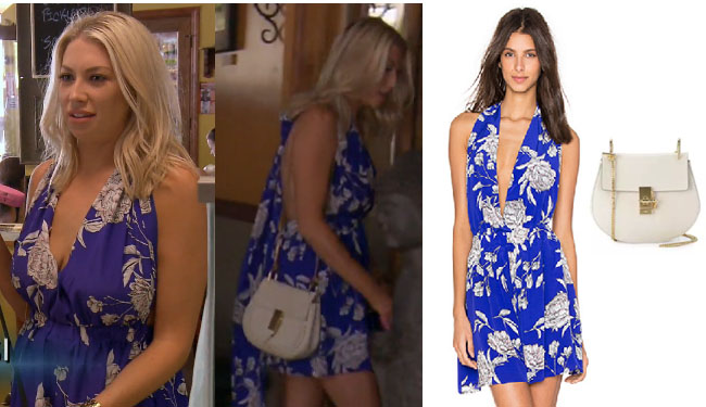 Vanderpump Rules, Stassi Schroeder style, Stassi Schroeder, Stassi Schroeder fashion, burgundy dress, @stassischroeder, bravotv.com, #pumprules, Stassi Schroeder outfit, steal her style, shop your tv, the take, worn on tv, tv fashion, clothes from tv shows, Vanderpump Rules outfits, bravo, Season 5, Episode 15, blue romper, white bag, blue floral romper, yumi kim romper