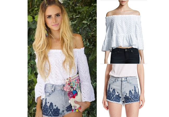Amanda Stanton, The Bachelor, celebrity style, star style, Amanda Stanton outfits, Amanda Stanton fashion, Amanda Stanton style, shop your tv, @amanda_stantonn, worn on tv, tv fashion, clothes from tv shows, tv outfits, Coachella 2017, white eyelet off the shoulder top, jean shorts embroidered, blank nyc embroidered jean shorts