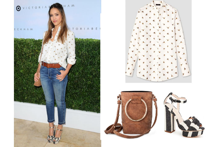 star style, Jessica Alba fashion, Jessica Alba style, celebrity outfits 2017, celebrity spring style 2017, Victoria Beckham for Target Bee Blouse