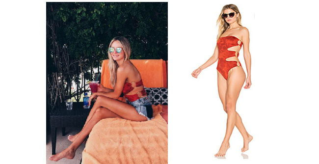 Lauren Bushnell, The Bachelor, celebrity style, star style, Lauren Bushnell outfits, Lauren Bushness fashion, Lauren Bushnell Style, shop your tv, @laurenbushnell, worn on tv, tv fashion, clothes from tv shows, tv outfits, Blue Life Jane Lava One Piece, orange tie dye one piece bathing suit