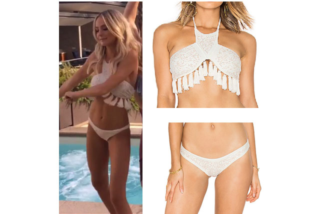 Lauren Bushnell, The Bachelor, celebrity style, star style, Lauren Bushnell outfits, Lauren Bushness fashion, Lauren Bushnell Style, shop your tv, @laurenbushnell, worn on tv, tv fashion, clothes from tv shows, tv outfits, fringe white bikini, beach riot fiji bikini, white bikini, white halter bikini