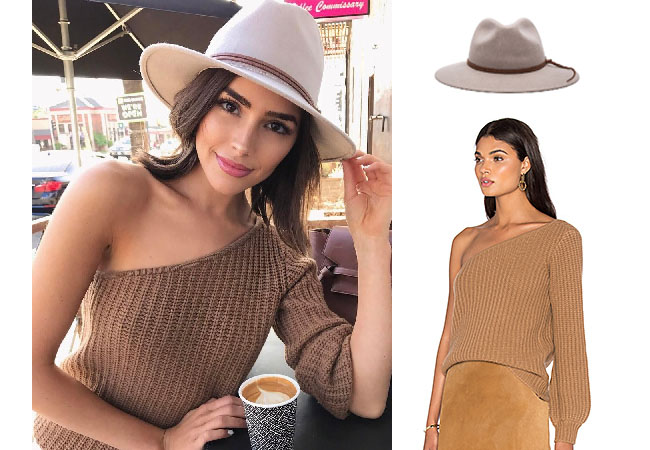 Olivia Culpo, celebrity style, star style, Olivia Culp outfits, Olivia Culpo fashion, Olivia Culpo style, shop your tv, @oliviaculpo, worn on tv, tv fashion, clothes from tv shows, tv outfits, LPA brown one sleeve top, Ale by Alessandra Aurora Stone hat, brown one sleeve top, brown one sleeve sweater