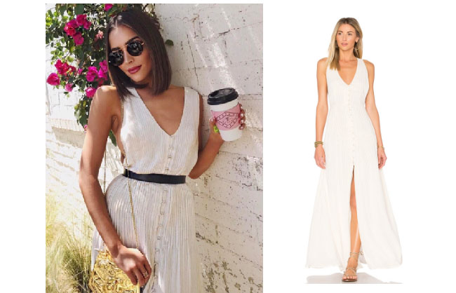 Olivia Culpo, celebrity style, star style, Olivia Culp outfits, Olivia Culpo fashion, Olivia Culpo style, shop your tv, @oliviaculpo, worn on tv, tv fashion, clothes from tv shows, tv outfits, House of Harlow Shane dress, cream sleeveless long dress