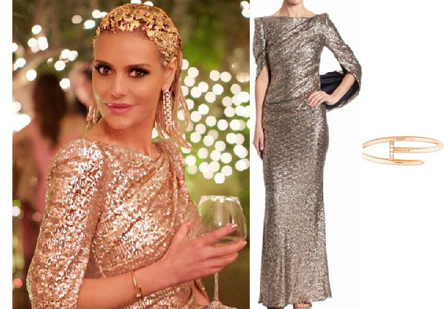 Real Housewives of Beverly Hills, RHBH, RHOBH, Dorit Kemsley, Dorit Kemsley fashion, Dorit Kemsley style, Dorit Kemsley wardrobe, #RHOBH, #RealHousewivesBeverlyHills, steal her style, the take, shop your tv, worn on tv, tv fashion, clothes from tv shows, Real Housewives of Beverly Hills outfits, bravo, reality tv clothes, Season 7, episode 17, gold sequined dress, sequined dress, sequined gold gown, gold hair, cartier juste bracelet