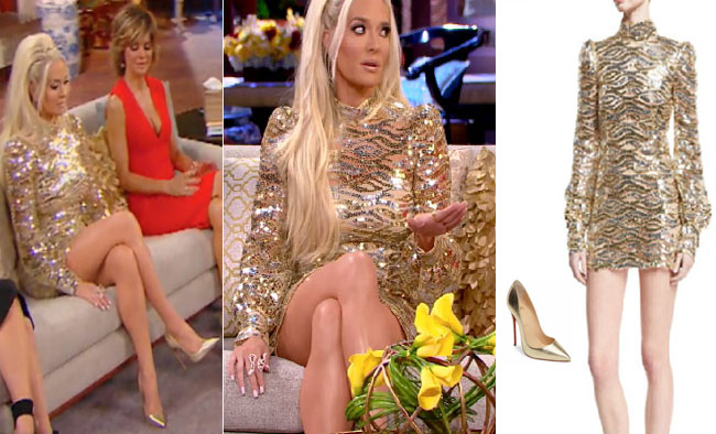 Real Housewives of Beverly Hills, RHBH, RHOBH, Erika Girardi, Erika Jayne, Erica Giradi, Erica Jane, #RHBH, #RealHousewivesBeverlyHills, shop your tv, the take, steal her style, worn on tv, tv fashion, clothes from tv shows, Real Housewives of Orange County outfits, bravo, reality tv clothes, Season 7, Reunion, Marc Jacobs long sleeve sequin dress, long sleeve mock neck sequin gold dress, christian louboutin so kate pointy gold pumps