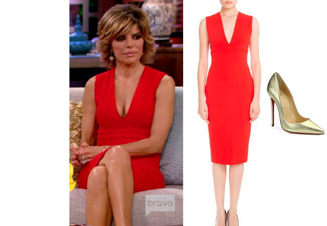 Real Housewives of Beverly Hills, RHBH, RHOBH, Lisa Rina fashion, Lisa Rinna, Lisa Rinna fashion, Lisa Rinna style, Lisa Rinna wardrobe, #RHOBH, #RealHousewivesBeverlyHills, steal her style, the take, shop your tv, worn on tv, tv fashion, clothes from tv shows, Real Housewives of Beverly Hills outfits, bravo, reality tv clothes, Season 7, Reunion, orange v-neck dress, red v-neck dress, Victoria Beckham v-neck sheath dress, christian louboutin so kate metallic gold pumps