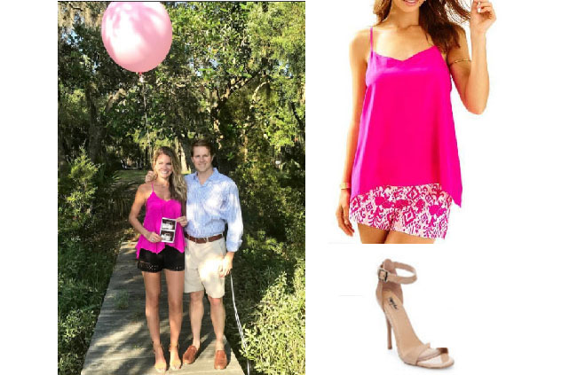 Southern Charm, Southern Charm style, Cameran Eubanks, Cameran Eubanks, Cameran Eubanks fashion, Cameran Eubanks wardrobe, Cameran Eubanks Style, @camwimberly1, #cameraneubanks, #SC, #southerncharm, Cameran Eubanks outfit, shop your tv, the take, worn on tv, tv fashion, clothes from tv shows, Southern Charm outfits, bravo, Season 4, star style, steal her style, pink tank top, pink tank interviews, Lilly Pulitzer fleur silk top, mossimo beige sandals, mossimo tan sandals, target mossimo pamela ankle strap sandals