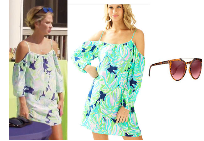 Southern Charm, Southern Charm style, Cameran Eubanks, Cameran Eubanks, Cameran Eubanks fashion, Cameran Eubanks wardrobe, Cameran Eubanks Style, @camwimberly1, #cameraneubanks, #SC, #southerncharm, Cameran Eubanks outfit, shop your tv, the take, worn on tv, tv fashion, clothes from tv shows, Southern Charm outfits, bravo, Season 4, star style, steal her style, one-piece floral swimsuit, Nanette lepore Havana swimsuit, sunglasses, pool party, blue and green cold shoulder dress, lilly Pultizer Candice Dress, Nectar Sunglasses