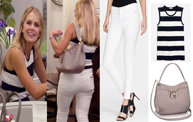 Southern Charm, Southern Charm style, Cameran Eubanks, Cameran Eubanks, Cameran Eubanks fashion, Cameran Eubanks wardrobe, Cameran Eubanks Style, @camwimberly1, #cameraneubanks, #SC, #southerncharm, Cameran Eubanks outfit, shop your tv, the take, worn on tv, tv fashion, clothes from tv shows, Southern Charm outfits, bravo, Season 4, star style, Episode 4, white jeans, white pants, frame skinny jeans, striped tank, navy and white striped tank, jcrew perfect tank, grey bag, louis vuitton spontini