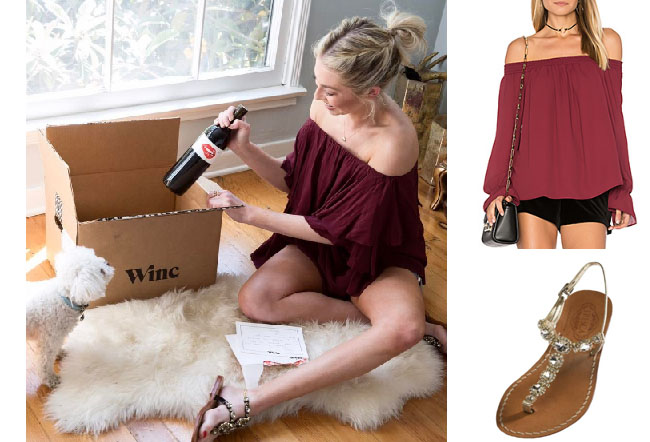 Vanderpump Rules, Stassi Schroeder style, Stassi Schroeder, Stassi Schroeder fashion, burgundy dress, @stassischroeder, bravotv.com, #pumprules, Stassi Schroeder outfit, steal her style, shop your tv, the take, worn on tv, tv fashion, clothes from tv shows, Vanderpump Rules outfits, bravo, Season 5, reality tv clothes, burgundy top, maroon top, burgundy off the shoulder top, three eighty two, crystal sandals, gold crystal sandals