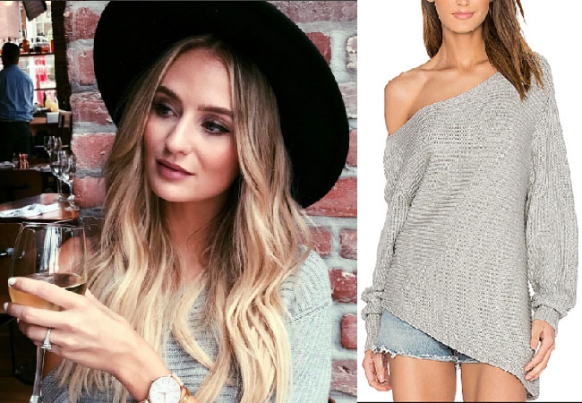 Lauren Bushnell, The Bachelor, celebrity style, star style, Lauren Bushnell outfits, Lauren Bushness fashion, Lauren Bushnell Style, shop your tv, @laurenbushnell, worn on tv, tv fashion, clothes from tv shows, tv outfits, grey sweater, steele karla knit sweater, grey off the shoulder sweater