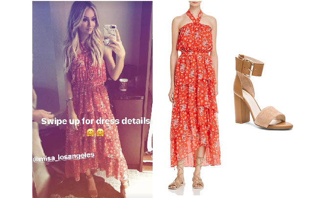 Lauren Bushnell, The Bachelor, celebrity style, star style, Lauren Bushnell outfits, Lauren Bushness fashion, Lauren Bushnell Style, shop your tv, @laurenbushnell, worn on tv, tv fashion, clothes from tv shows, tv outfits, red halter dress, MISA Los Angeles Valeria Ruffled Halter Dress, Raye Leia Sandals