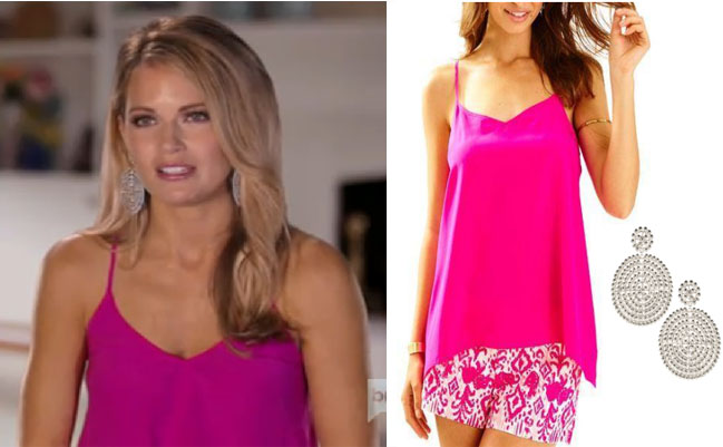 Southern Charm, Southern Charm style, Cameran Eubanks, Cameran Eubanks, Cameran Eubanks fashion, Cameran Eubanks wardrobe, Cameran Eubanks Style, @camwimberly1, #cameraneubanks, #SC, #southerncharm, Cameran Eubanks outfit, shop your tv, the take, worn on tv, tv fashion, clothes from tv shows, Southern Charm outfits, bravo, Season 4, star style, pink tank, lilly pulitzer fleur tank, lisi lerch disc earrings, silver disc earrings