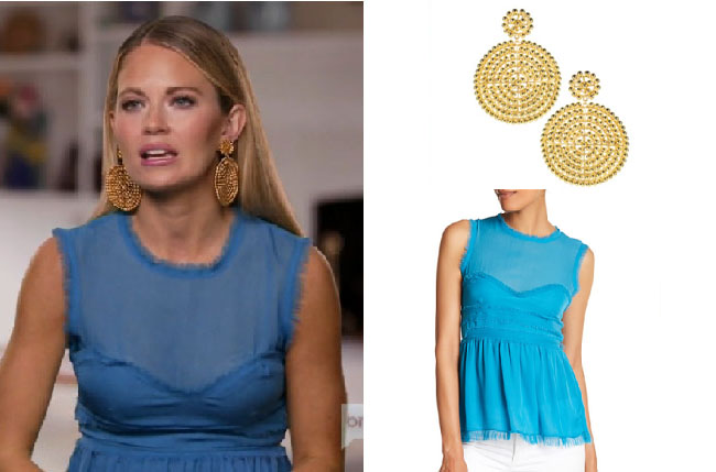 Southern Charm, Southern Charm style, Cameran Eubanks, Cameran Eubanks, Cameran Eubanks fashion, Cameran Eubanks wardrobe, Cameran Eubanks Style, @camwimberly1, #cameraneubanks, #SC, #southerncharm, Cameran Eubanks outfit, shop your tv, the take, worn on tv, tv fashion, clothes from tv shows, Southern Charm outfits, bravo, Season 4, star style, steal her style, gold disc earrings, lisi lerch disc earrings, cynthia rowley blue raw edge top