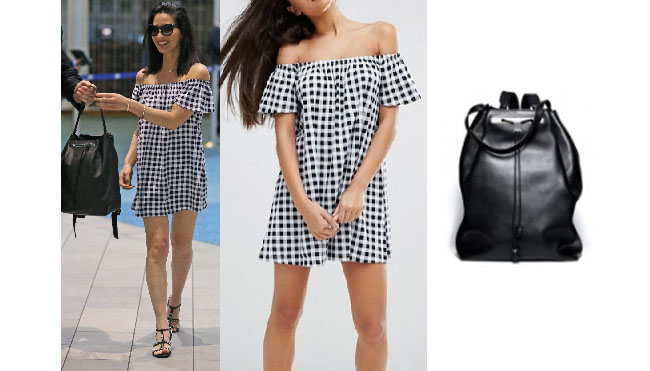 Olivia Munn, Olivia Munn wardrobe, Olivia Munn fashion, Olivia Munn style, Olivia Munn outfits, Olivia Munn clothes, celebrity clothes, celebrity outfits, celebrity style, steal her style, shop your tv, worn on tv, the take, star style, blue gingham dress, off the shoulder gingham blue dress, the row black leather backpack 11