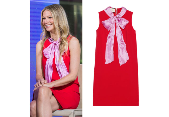 Gwyneth Paltrow, goop, red pink bow dress, Gucci stretch Vicose dress with bow, Gwyneth Paltrow, Gwneth Paltrow, celebrity outfits, celebrity clothes, celebrity going out outfit