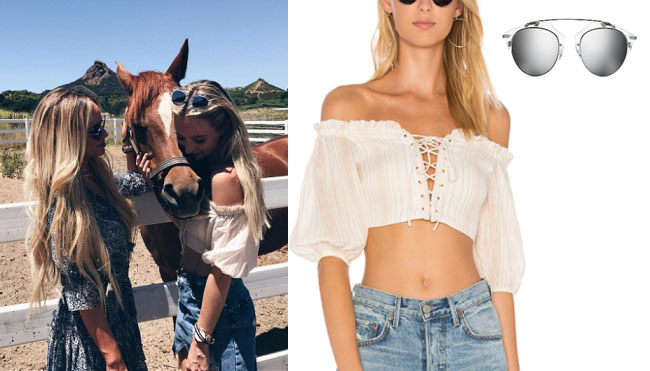 Lauren Bushnell, The Bachelor, celebrity style, star style, Lauren Bushnell outfits, Lauren Bushnell fashion, Lauren Bushnell Style, shop your tv, @laurenbushnell, worn on tv, tv fashion, clothes from tv shows, tv outfits, crop top, majorelle juniper top, horse, mvmt sunglasses