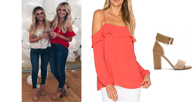 Lauren Bushnell, The Bachelor, celebrity style, star style, Lauren Bushnell outfits, Lauren Bushnell fashion, Lauren Bushnell Style, shop your tv, @laurenbushnell, worn on tv, tv fashion, clothes from tv shows, tv outfits, raye leia heel, 1. state cold shoulder with ruffle top, red cold shoulder top