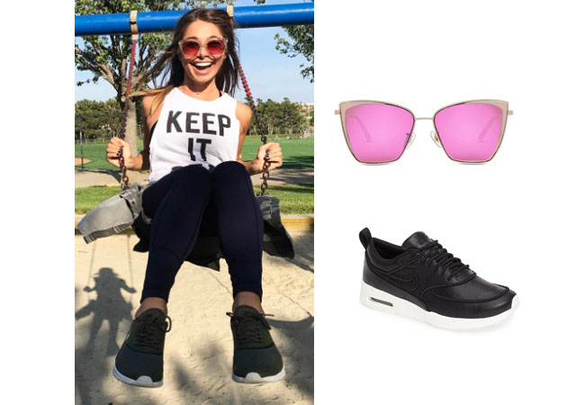 Sarah Vendal, The Bachelor, celebrity style, star style, Sarah Vendal outfits, Sarah Vendal fashion, Sarah Vendal style, shop your tv, @sarahvendal, worn on tv, tv fashion, clothes from tv shows, tv outfits, black nike lux sneakers thea, diffeyewear becky, gold rim pink lens sunglasses