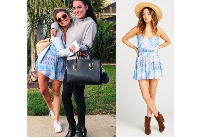 Sarah Vendal, The Bachelor, celebrity style, star style, Sarah Vendal outfits, Sarah Vendal fashion, Sarah Vendal style, shop your tv, @sarahvendal, worn on tv, tv fashion, clothes from tv shows, tv outfits, blue paisley romper, show me your mumu olympia romper - paisley romper