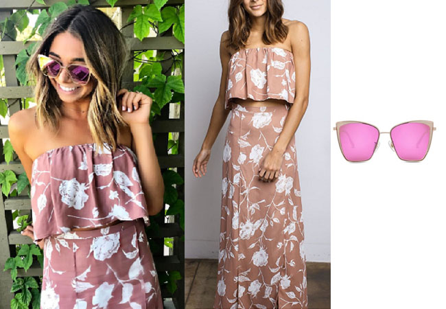 Sarah Vendal, The Bachelor,  celebrity style, star style, Sarah Vendal outfits, Sarah Vendal fashion, Sarah Vendal style, shop your tv, @sarahvendal, worn on tv, tv fashion, clothes from tv shows, tv outfits, mauve two piece, mauve off the shoulder, rose and may gigi two piece, diffeyewear becky