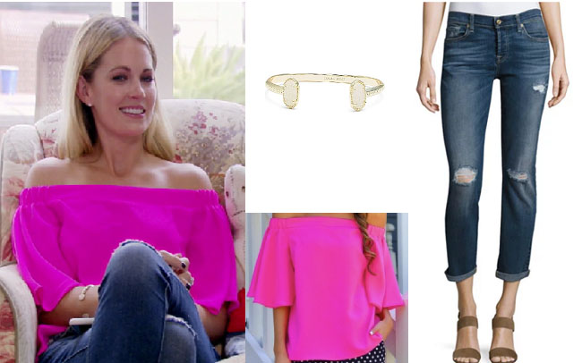 Southern Charm, Southern Charm style, Cameran Eubanks, Cameran Eubanks, Cameran Eubanks fashion, Cameran Eubanks wardrobe, Cameran Eubanks Style, @camwimberly1, #cameraneubanks, #SC, #southerncharm, Cameran Eubanks outfit, shop your tv, the take, worn on tv, tv fashion, clothes from tv shows, Southern Charm outfits, bravo, Season 4, star style, steal her style, hot pink off the shoulder top, hot to trot off the shoulder top, pink off the shoulder top, distressed jeans, 7 for all mankind jeans, bracelet cuff, kendra scott bracelet cuff