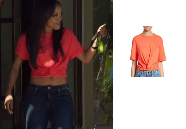 The Bachelorette Outfits, The Bachelorette Fashion, The Bachelorette wardrobe, Rachel Lindsay outfit, Rachel Lindsay wardrobe, Rachel Lindsay fashion, The Bachelorette Season 13, abc, reality tv outfits, reality tv wardrobe, reality tv clothes, star style, shopyourtv, stealherstyle, thetake, red tie shirt, alexander wang tie shirt, red crop tee