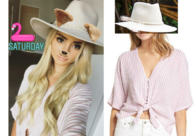 Amanda Stanton, The Bachelor, celebrity style, star style, Amanda Stanton outfits, Amanda Stanton fashion, Amanda Stanton style, shop your tv, @amanda_stantonn, worn on tv, tv fashion, clothes from tv shows, tv outfits, rails pink and white striped top, janis ombre tassel hat, Amanda Stanton`s Instagram story