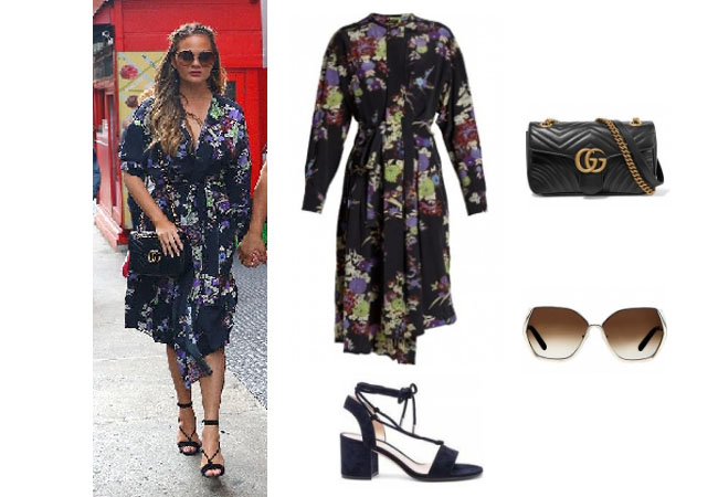 Chrissy Teigen, Chrissy Teigen wardrobe, Chrissy Teigen fashion, Chrissy Tiegen style, Chrissy Teigen outfits, Chrissy Teigen clothes, John Legend Chrissy, Chrissy Teigen husband, celebrity clothes, celebrity outfits, celebrity style, steal her style, shop your tv, worn on tv, the take, star style, isabel marant silk dress, gucci marmount sunglasses, chloe sunglasses, gianvitto rossi lace up sandals