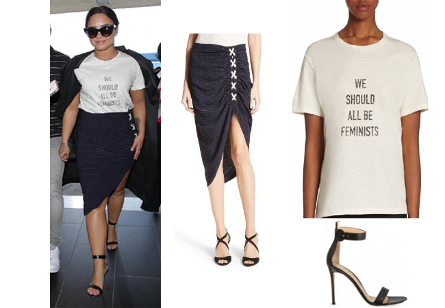 Demi Lovato outfits, Demi Lovato style,Demi Lovato fashion, Demi Lovato outfits, Demi Lovato clothes, celebrity style, celebrity fashion, celebrity wardrobe, Demi Levato wardrobe, Veronic BEard Lace-up marlow skirt, we should all be feminist tee, gianvito rossi ankle strap sandals