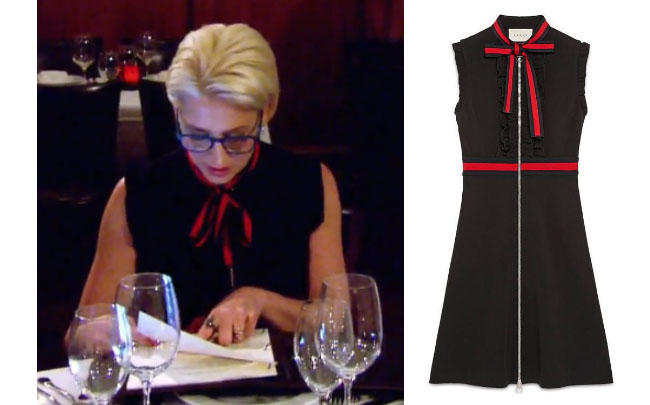 Real Housewives of New York, RHONY, Dorinda Medley outfit, Dorinda Medley wardrobe, bravotv.com, #RHONY, #RHNY, #bravo, Real Housewives of New York style, Real Housewives of New York fashion, Dorinda Medley style, shop your tv, the take, #RealHousewivesNewYork, worn on tv, tv fashion, clothes from tv shows, Real Housewives of New York outfits, bravo, shop your tv, reality tv clothes, Gucci black dress with red bow, real housewives clothes, real housewives of new york clothes, real housewives of new york season 9, real housewives dorinda, Gucci jersey dress with red trim