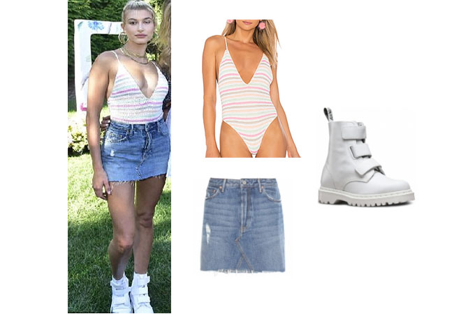 Hailey Baldwin, Celebrity Outfits, Celebrity Style, Reality TV, Reality TV outfits, shop your tv, steal her style, the take, worn on tv, tv fashion, reality wardrobe, Hailey Baldwin outfits, Hailey Baldwin wardrobe, Hailey Baldwin clothes, Hailey Baldwin fashion, Lovers + Friends striped one piece, Grfnd jean skirt, Doc Marten high top sneakers