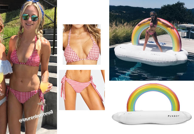 Lauren Bushnell, The Bachelor, celebrity style, star style, Lauren Bushnell outfits, Lauren Bushnell fashion, Lauren Bushnell Style, shop your tv, @laurenbushnell, worn on tv, tv fashion, clothes from tv shows, tv outfits, Show Me Your Mumu Tahiti bikini, red and white gingham bikini, Funboy rainbow float