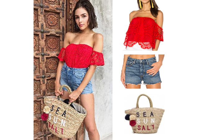 Olivia Culpo, celebrity style, star style, Olivia Culp outfits, Olivia Culpo fashion, Olivia Culpo style, shop your tv, @oliviaculpo, worn on tv, tv fashion, clothes from tv shows, tv outfits, vava red lace off the shoulder top, grlfrnd jean shorts, sundry straw bag, sun sand salt straw bag, Olivia Culpo wardrobe