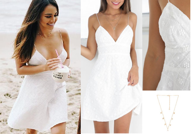 Danielle Lombard, Bachelor In Paradise 2017, #BIP, #bachelornation, #bachelorinparadise, Danielle Lombard clothes, Danielle Lombard outfits, shop your tv, as seen on tv, worn on tv, tv fashion, clothes from tv shows, ootd, celebrity style, star style, reality tv outfits, Bachelor In Paradise scandal, Danielle's white dress, Showpo Sunshine of your love dress in white, Child of Wild moon and stars necklace