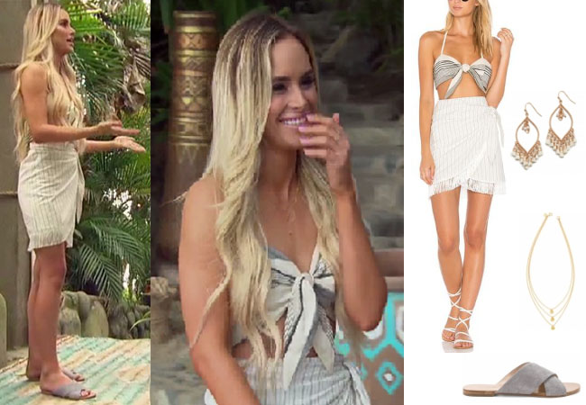 Amanda Stanton, The Bachelor, celebrity style, star style, Amanda Stanton outfits, Amanda Stanton fashion, Amanda Stanton style, shop your tv, @amanda_stantonn, worn on tv, tv fashion, clothes from tv shows, tv outfits, Bachelor in Paradise, #bachelorinparadise, Stone Cold Fox striped top and striped skirt, Gorjana 3 disc earrings, Shashi Mira tassel earrings, Raye grey sandals