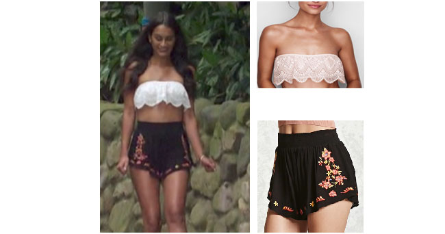 Taylor Nolan, Bachelor in Paradise 2017, #BIP, #bachelornation, #bachelorinparadise, Taylor Nolan clothes, Taylor Nolan outfits, shop your tv, as seen on tv, worn on tv, tv fashion, clothes from tv shows, tv outfits, reality tv outfits, reality celebrity stars, Bachelor In Paradise 2017, Bachelor In Paradise scandal, Victoria's Secret lace bandeau, Forever 21 embroidered shorts